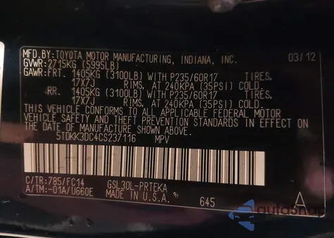 2012 Toyota Sienna Le V6 8 Passenger from USA, damaged, VIN 5TDKK3DC4CS237116